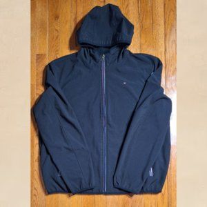 Tommy Hilfiger Black Hooded Windbreaker Fleece Lined Jacket Size XL Length 27"